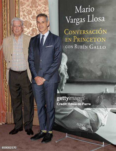 Writer Mario Vargas Llosa and Ruben Gallo attend the 'Conversacion en Princeton' press conference at Casa de America on September 20, 2017 in Madrid,...