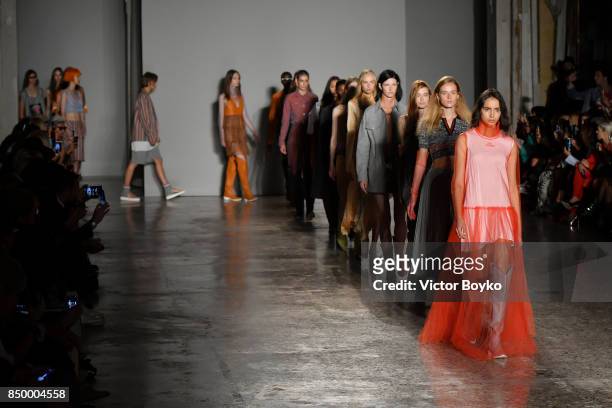 Models walk the runway at the Cristiano Burani show during Milan Fashion Week Spring/Summer 2018 on September 20, 2017 in Milan, Italy.