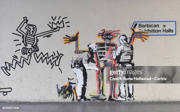 New mural by street artist Banksy depicting the late Jean- Michel Basquiat on Golden Lane by the Barbican Centre on September 20, 2017 in London,...