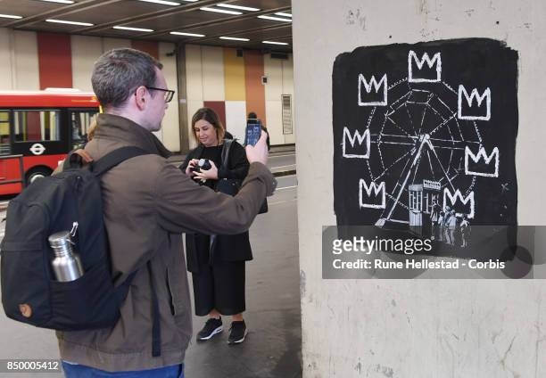 New mural by street artist Banksy depicting the late Jean- Michel Basquiat on Golden Lane by the Barbican Centre on September 20, 2017 in London,...