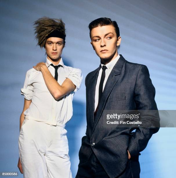 Photo of Ricky GERVAIS and SEONA DANCING. Bill Macrae and Ricky Gervais from Seona Dancing posed in London in August 1983