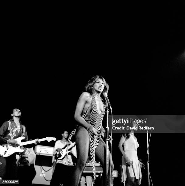 American music duo Tina Turner and Ike Turner on left playing Fender Stratocaster guitar, of the Ike & Tina Turner Revue perform live on stage at the...