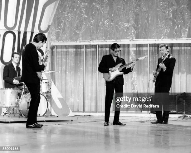 English group The Shadows featuring, from left, drummer Brian Bennett, guitarist Bruce Welch, guitarist Hank Marvin and bassist Brian Locking,...
