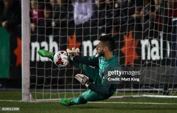 Wanderers goalkeeper Vedran Janjetovic makes a save in the penalty shoot out during the FFA Cup Quarterfinal match between Blacktown City and the...