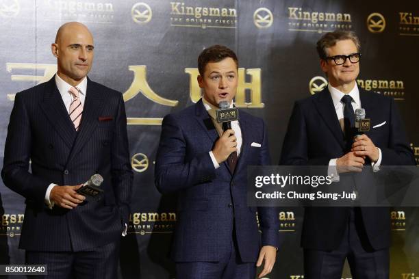 Mark Strong, Taron Egerton and Colin Firth attend the red carpet event of the 'Kingsman: The Golden Circle' Seoul Premiere on September 20, 2017 in...