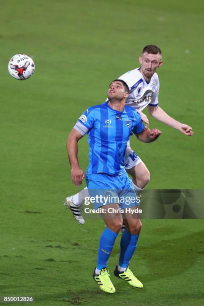 Jarrod Kyle of Gold Coast City and Luke Adams of South Melbourne compete for the ball during the FFA Cup Quarter Final match between Gold Coast City...