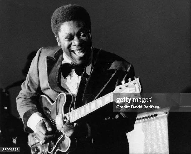 American singer, songwriter and guitarist B.B. King plays a Gibson ES-355 guitar live on stage at the Yankee Stadium in New York as part of the...