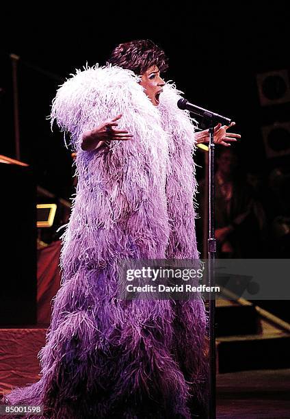 Welsh singer Shirley Bassey performs live on stage at the Royal Albert Hall in London in April 1986.