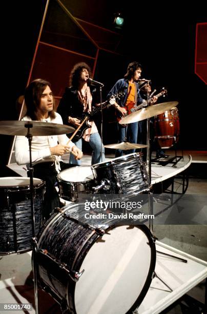 From left, drummer Bill Legend, singer and guitarist Marc Bolan , bass guitarist Steve Currie and percussionist Mickey Finn of English glam rock...