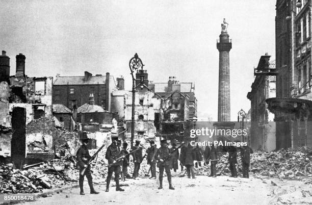 Scene from O'Connell Street in Dublin, during the Easter Rising. In the background is Nelson's Pillar which was destroyed by a bomb in 1966. Former...