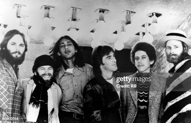 Photo of BEACH BOYS and Carl WILSON and Al JARDINE and Ricky FATAAR and Dennis WILSON and Blondie CHAPLIN and Mike LOVE; Posed group portrait L-R...