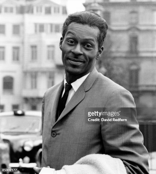 American singer, songwriter and guitarist Chuck Berry posed in London in January 1965.