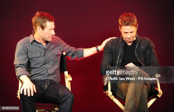 Aaron Eckhart and Gerard Butler attend a Q&A session, about new film Olympus Has Fallen, at the Apple Store in London.