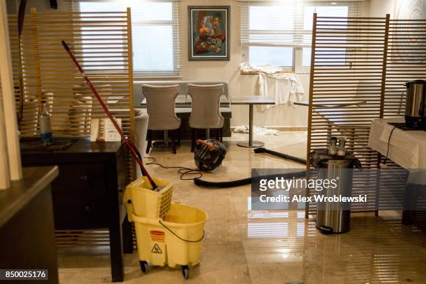 The dining room of the Ciqala hotel suffered damage as Hurricane Maria bears down on Puerto Rico on September 20, 2017 in San Juan. Thousands of...