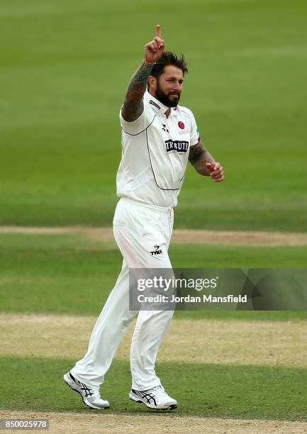 Peter Trego of Somerset celebrates dismissing Ben Foakes of Surrey during day two of the Specsavers County Championship Division One match between...