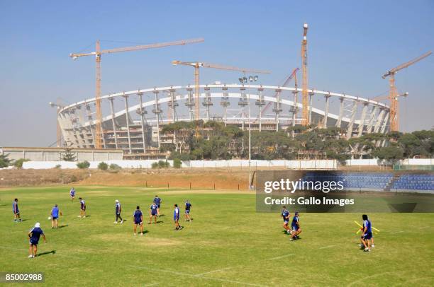 Players gather during a Blues Super 14 training session at Hamiltons Rugby Club on February 23, 2009 in Cape Town, South Africa.