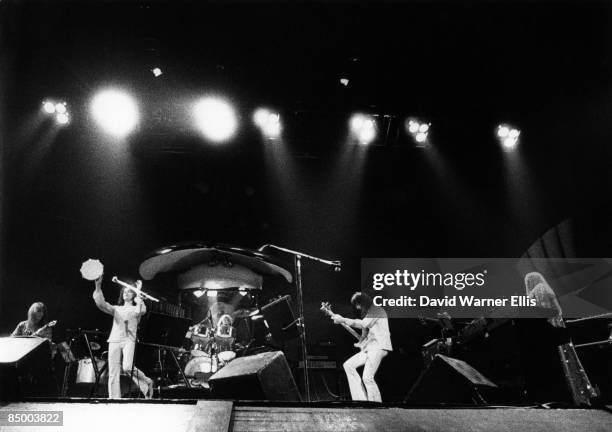 Photo of YES, L-R. Steve Howe, Jon Anderson, Alan White, Chris Squire, Rick Wakeman performing live onstage