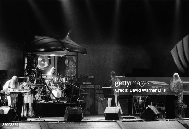 Photo of YES, L-R. Steve Howe, Jon Anderson, Alan White, Chris Squire, Rick Wakeman performing live onstage