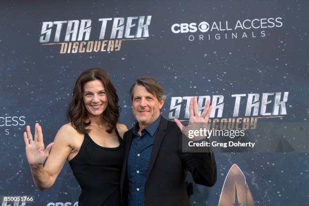 Actress Terry Farrell and director Adam Nimoy arrive for the Premiere Of CBS's "Star Trek: Discovery" at The Cinerama Dome on September 19, 2017 in...