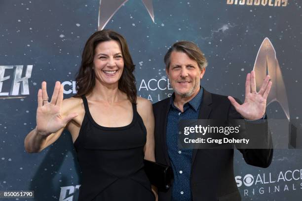Actress Terry Farrell and director Adam Nimoy arrive for the Premiere Of CBS's "Star Trek: Discovery" at The Cinerama Dome on September 19, 2017 in...
