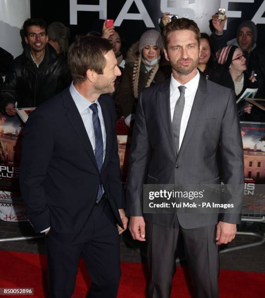 Gerard Butler and Aaron Eckhart arriving for the European Premiere of Olympus has Fallen, at the BFI IMAX, South Bank in London.