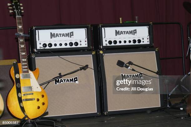 Circa 1970 Photo of INSTRUMENTS and ELECTRIC GUITARS and GUITAR and AMPLIFIERS; Gibson Les Paul Guitar next to Matamp stacks, amplifiers