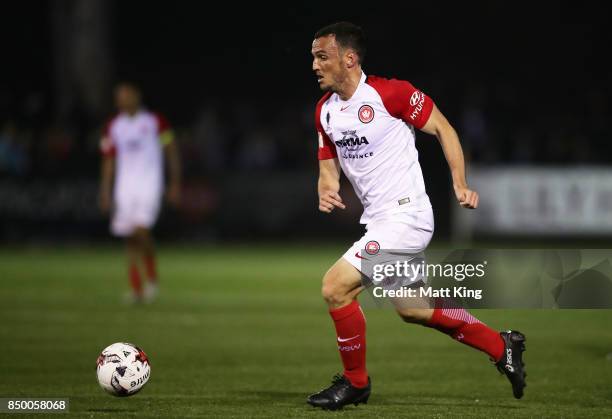 Mark Bridge of the Wanderers controls the ball during the FFA Cup Quarterfinal match between Blacktown City and the Western Sydney Wanderers at Lily...