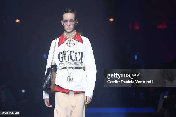 Model walks the runway at the Gucci show during Milan Fashion Week Spring/Summer 2018 on September 20, 2017 in Milan, Italy.