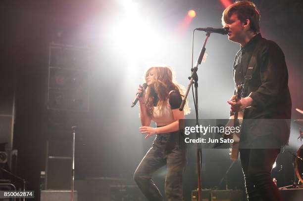 Musician Chrissy Costanza performs on stage during the Against The Current - In Our Bones concert at Tsutaya O-East on September 20, 2017 in Tokyo,...