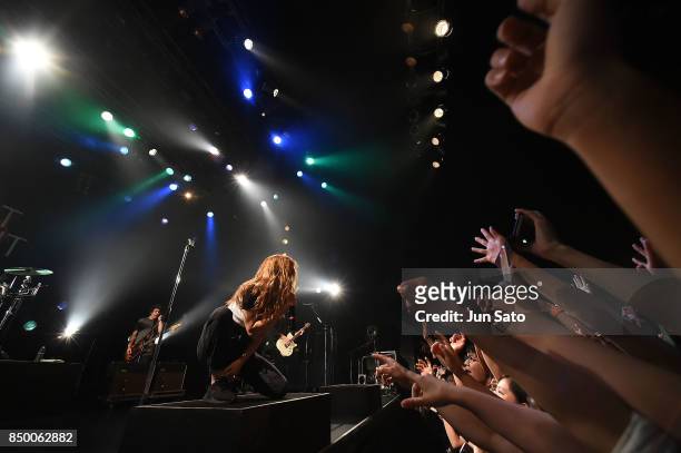 Musician Chrissy Costanza performs on stage during the Against The Current - In Our Bones concert at Tsutaya O-East on September 20, 2017 in Tokyo,...
