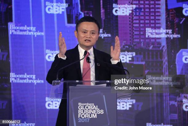 Jack Ma, executive chairman of Alibaba Group, speaks at the Bloomberg Global Business Forum on September 20, 2017 in New York City. Heads of state...