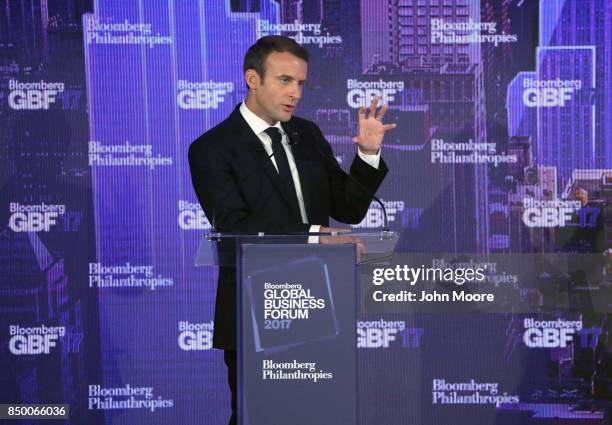 French President Emmanuel Macron speaks at the Bloomberg Global Business Forum on September 20, 2017 in New York City. Heads of state and...