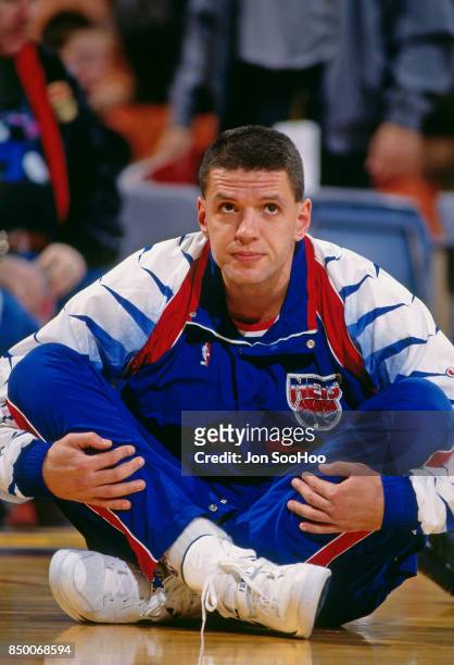 Drazen Petrovic of the New Jersey Nets stretches before the game against the Los Angeles Lakers at the Great Western Forum in Inglewood, California...