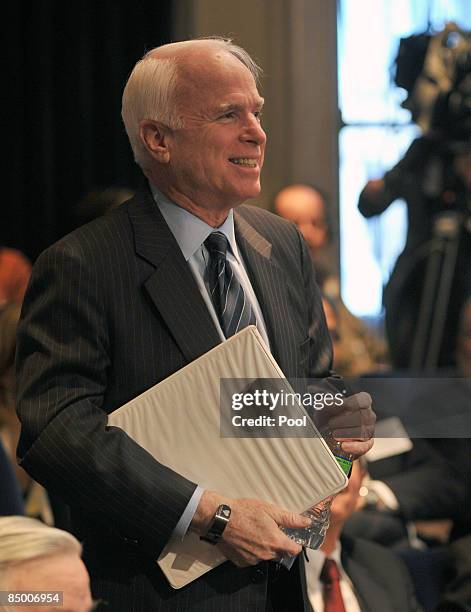 United States Senator John McCain speaks during the close of the Fiscal Responsibility Summit in the East Room at the White House February 23, 2009...