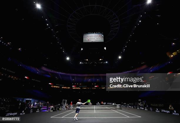 General view as Sam Querry returns the ball during a training session ahead of the Laver Cup on September 20, 2017 in Prague, Czech Republic. The...