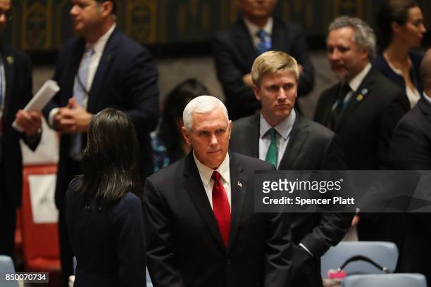 Vice President Mike Pence attends a Security Council meeting during the 72nd United Nations General Assembly at U.N. Headquarters on September 20,...