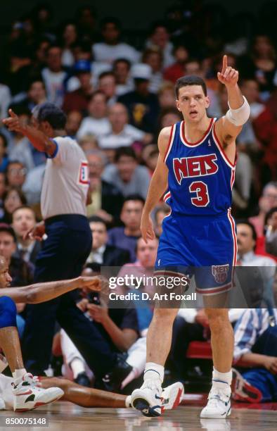 Drazen Petrovic of the New Jersey Nets celebrates a play against the Los Angeles Clippers at the Los Angeles Memorial Sports Arena in Los Angeles,...
