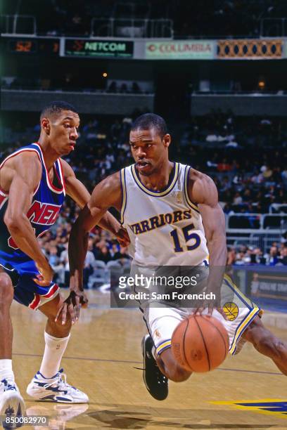 Latrell Sprewell of the Golden State Warriors drives circa 1997 at the Arena in Oakland in Oakland, California. NOTE TO USER: User expressly...