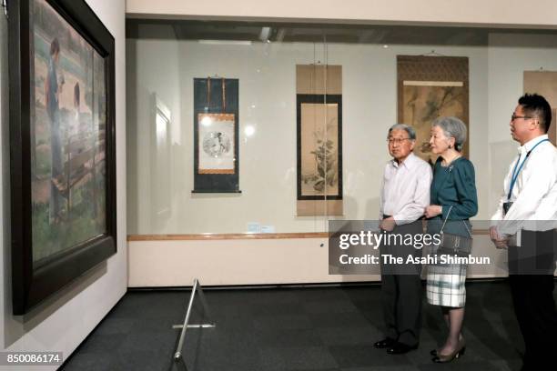 Emperor Akihito and Empress Michiko visit the Takeji Fujishima exhibition at Nerima Art Museum on September 16, 2017 in Tokyo, Japan.