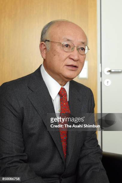 International Atomic Energy Agency Director General Yukiya Amano speaks during the Asahi Shimbun interview at the IAEA headquartes on September 15,...