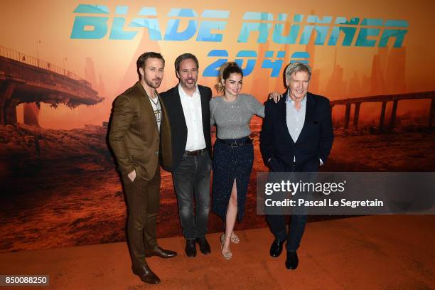 Ryan Gosling, Devis Villeneuve, Ana De Armas and Harrison Ford attend the "Blade runner 2049" photocall at Hotel Le Bristol on September 20, 2017 in...