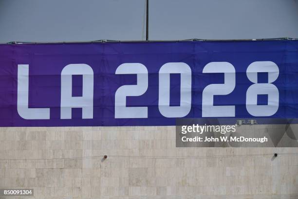 Closeup view of banner that reads LA 2028 noting that the summer olympics will be held in Los Angeles before Los Angeles Rams vs Washington Redskins...