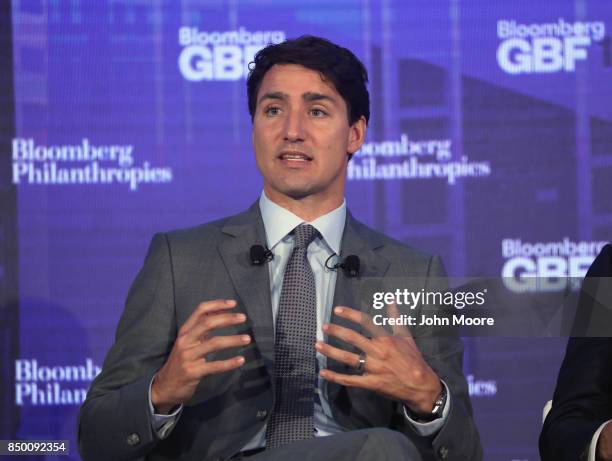 Canadian Prime Minister Justin Trudeau speaks at the Bloomberg Global Business Forum on September 20, 2017 in New York City. Heads of state and...