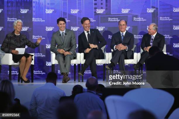 Panel of world and business leaders take part in the Bloomberg Global Business Forum on September 20, 2017 in New York City. In attendance were...