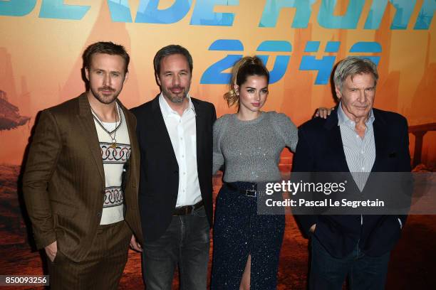 Ryan Gosling, Devis Villeneuve, Ana De Armas and Harrison Ford attend the "Blade runner 2049" photocall at Hotel Le Bristol on September 20, 2017 in...