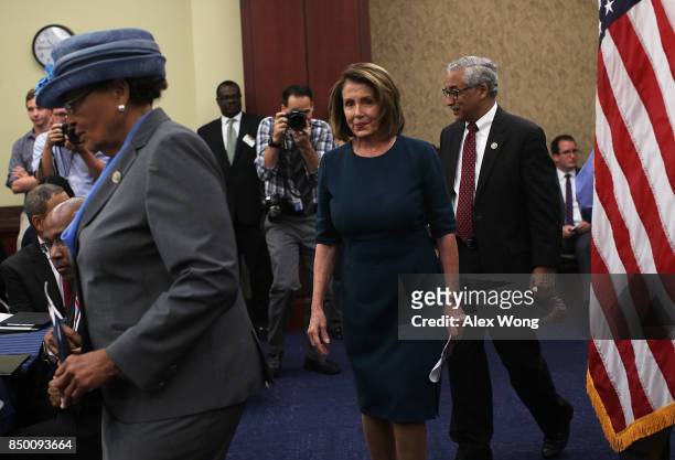 House Minority Leader Rep. Nancy Pelosi , Rep. Alma Adams and Rep. Bobby Scott arrive at a roundtable discussion September 20, 2017 on Capitol Hill...