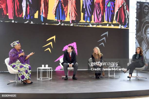 Leymah Gbowee, Nick Kristof, Laurel Weldon, and Melinda Gates speak speaks at Goalkeepers 2017, at Jazz at Lincoln Center on September 20, 2017 in...