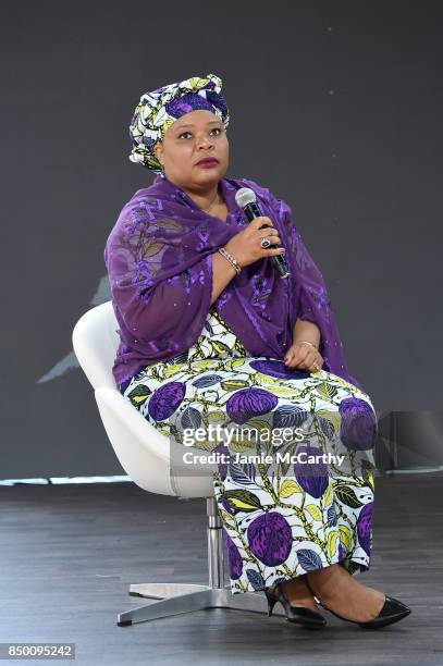 Women of Liberia Mass Action for Peace leader Leymah Gbowee speaks speaks at Goalkeepers 2017, at Jazz at Lincoln Center on September 20, 2017 in New...