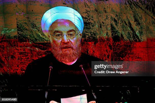 Hassan Rouhani, President of the Islamic Republic of Iran, is displayed on a monitor as he addresses the United Nations General Assembly at UN...