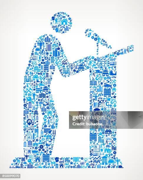 speaker on podium construction industry vector icon pattern - construction worker tablet stock illustrations